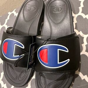 Champion Black Slide Sandals with Blue Logo